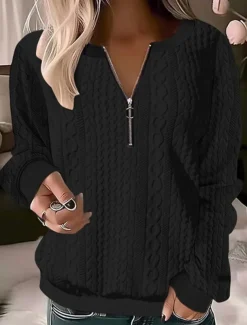 Women's Sweatshirt Pullover Casual Textured Plain Dailywear Crew Neck Quarter Zip Long Sleeve Black White Red Gray Fall & Winter
