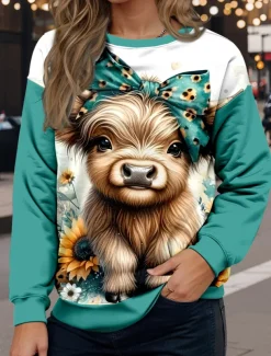 Women's Sweatshirts Cow Casual Long Sleeve Crew Neck Regular Tops Street Dailywear Print Blue Fall Winter