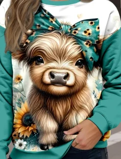 Women's Sweatshirts Cow Casual Long Sleeve Crew Neck Regular Tops Street Dailywear Print Blue Fall Winter