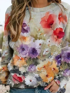 Women's Sweatshirts Floral Graphic Warm Romantic Casual Long Sleeve Crew Neck Round Neck Regular Tops Home Street Dailywear Print Light Green Spring Fall Winter