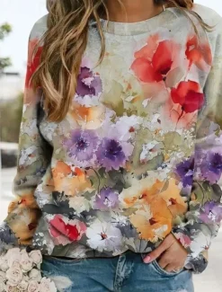 Women's Sweatshirts Floral Graphic Warm Romantic Casual Long Sleeve Crew Neck Round Neck Regular Tops Home Street Dailywear Print Light Green Spring Fall Winter