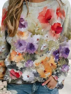Women's Sweatshirts Floral Graphic Warm Romantic Casual Long Sleeve Crew Neck Round Neck Regular Tops Home Street Dailywear Print Light Green Spring Fall Winter