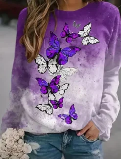 Women's Sweatshirts Graphic Butterfly Casual Long Sleeve Crew Neck Round Neck Regular Tops Street Dailywear Casual Print Purple Spring Fall Winter