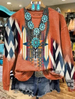 Women's Sweatshirts Graphic Geometric Casual Long Sleeve Crew Neck Regular Tops Street Dailywear Print Blue Orange Brown Fall Winter