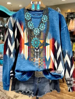 Women's Sweatshirts Graphic Geometric Casual Long Sleeve Crew Neck Regular Tops Street Dailywear Print Blue Orange Brown Fall Winter