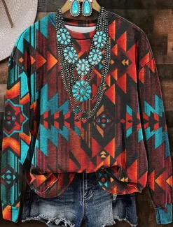 Women's Sweatshirts Graphic Geometric Casual Long Sleeve Crew Neck Regular Tops Street Dailywear Print Blue Orange Brown Fall Winter