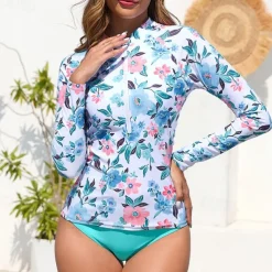 Women's Swim Shorts Rash guard Swimsuit Lightweight Long Sleeve Swimwear Swimsuit 2 Piece Front Zip Swimming Surfing Beach Water Sports Floral Printed Summer Spring Autumn