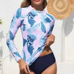 Women's Swim Shorts Rash guard Swimsuit Lightweight Long Sleeve Swimwear Swimsuit 2 Piece Front Zip Swimming Surfing Beach Water Sports Floral Printed Summer Spring Autumn