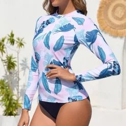 Women's Swim Shorts Rash guard Swimsuit Lightweight Long Sleeve Swimwear Swimsuit 2 Piece Front Zip Swimming Surfing Beach Water Sports Floral Printed Summer Spring Autumn