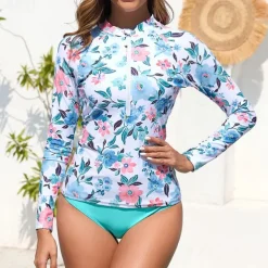 Women's Swim Shorts Rash guard Swimsuit Lightweight Long Sleeve Swimwear Swimsuit 2 Piece Front Zip Swimming Surfing Beach Water Sports Floral Printed Summer Spring Autumn