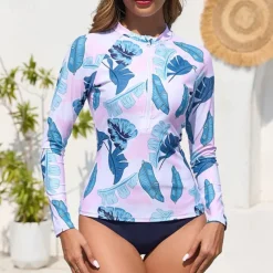 Women's Swim Shorts Rash guard Swimsuit Lightweight Long Sleeve Swimwear Swimsuit 2 Piece Front Zip Swimming Surfing Beach Water Sports Floral Printed Summer Spring Autumn