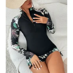 Women's Swim Shorts Rash guard Swimsuit Lightweight Long Sleeve Swimwear Swimsuit 2 Piece Front Zip Swimming Surfing Beach Water Sports Floral Printed Summer Spring Autumn