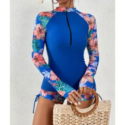Women's Swim Shorts Rash guard Swimsuit Lightweight Long Sleeve Swimwear Swimsuit 2 Piece Front Zip Swimming Surfing Beach Water Sports Floral Printed Summer Spring Autumn