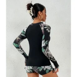 Women's Swim Shorts Rash guard Swimsuit Lightweight Long Sleeve Swimwear Swimsuit 2 Piece Front Zip Swimming Surfing Beach Water Sports Floral Printed Summer Spring Autumn