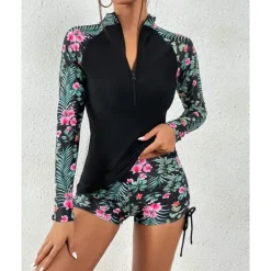 Women's Swim Shorts Rash guard Swimsuit Lightweight Long Sleeve Swimwear Swimsuit 2 Piece Front Zip Swimming Surfing Beach Water Sports Floral Printed Summer Spring Autumn