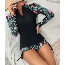 Women's Swim Shorts Rash guard Swimsuit Lightweight Long Sleeve Swimwear Swimsuit 2 Piece Front Zip Swimming Surfing Beach Water Sports Floral Printed Summer Spring Autumn