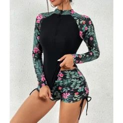 Women's Swim Shorts Rash guard Swimsuit Lightweight Long Sleeve Swimwear Swimsuit 2 Piece Front Zip Swimming Surfing Beach Water Sports Floral Printed Summer Spring Autumn