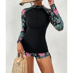 Women's Swim Shorts Rash guard Swimsuit Lightweight Long Sleeve Swimwear Swimsuit 2 Piece Front Zip Swimming Surfing Beach Water Sports Floral Printed Summer Spring Autumn