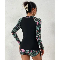 Women's Swim Shorts Rash guard Swimsuit Lightweight Long Sleeve Swimwear Swimsuit 2 Piece Front Zip Swimming Surfing Beach Water Sports Floral Printed Summer Spring Autumn