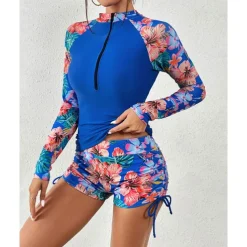 Women's Swim Shorts Rash guard Swimsuit Lightweight Long Sleeve Swimwear Swimsuit 2 Piece Front Zip Swimming Surfing Beach Water Sports Floral Printed Summer Spring Autumn
