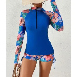 Women's Swim Shorts Rash guard Swimsuit Lightweight Long Sleeve Swimwear Swimsuit 2 Piece Front Zip Swimming Surfing Beach Water Sports Floral Printed Summer Spring Autumn