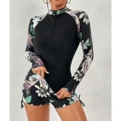 Women's Swim Shorts Rash guard Swimsuit Lightweight Long Sleeve Swimwear Swimsuit 2 Piece Front Zip Swimming Surfing Beach Water Sports Floral Printed Summer Spring Autumn