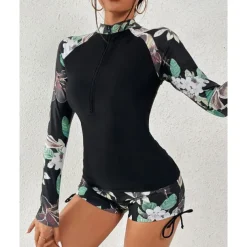 Women's Swim Shorts Rash guard Swimsuit Lightweight Long Sleeve Swimwear Swimsuit 2 Piece Front Zip Swimming Surfing Beach Water Sports Floral Printed Summer Spring Autumn