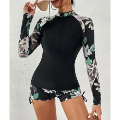 Women's Swim Shorts Rash guard Swimsuit Lightweight Long Sleeve Swimwear Swimsuit 2 Piece Front Zip Swimming Surfing Beach Water Sports Floral Printed Summer Spring Autumn