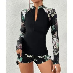 Women's Swim Shorts Rash guard Swimsuit Lightweight Long Sleeve Swimwear Swimsuit 2 Piece Front Zip Swimming Surfing Beach Water Sports Floral Printed Summer Spring Autumn