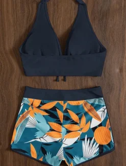 Women's Swimsuits Bikini 2 Piece Shorts Swimsuit Backless Slim Vacation Beach Wear Floral Halter Neck Sleeveless Bathing Suits