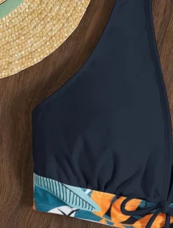 Women's Swimsuits Bikini 2 Piece Shorts Swimsuit Backless Slim Vacation Beach Wear Floral Halter Neck Sleeveless Bathing Suits