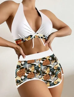 Women's Swimsuits Bikini 2 Piece Shorts Swimsuit Backless Slim Vacation Beach Wear Floral Halter Neck Sleeveless Bathing Suits