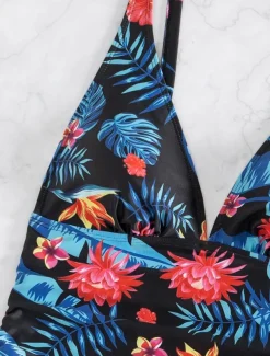 Women's Swimsuits Bikini 2 Piece Cheeky Swimsuit Backless Slim Vacation Beach Wear Floral Halter Neck Sleeveless Bathing Suits