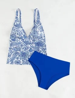 Women's Swimsuits Bikini 2 Piece Cheeky Swimsuit Backless Slim Vacation Beach Wear Floral Halter Neck Sleeveless Bathing Suits