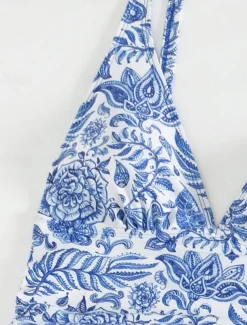 Women's Swimsuits Bikini 2 Piece Cheeky Swimsuit Backless Slim Vacation Beach Wear Floral Halter Neck Sleeveless Bathing Suits