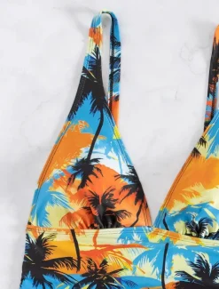 Women's Swimsuits Bikini 2 Piece Cheeky Swimsuit Backless Slim Vacation Beach Wear Floral Halter Neck Sleeveless Bathing Suits