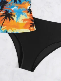 Women's Swimsuits Bikini 2 Piece Cheeky Swimsuit Backless Slim Vacation Beach Wear Floral Halter Neck Sleeveless Bathing Suits