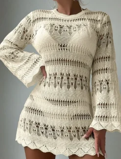 Women's Swimsuits Cover Up Swim Dress Swimsuit Cut Out Vacation Beach Wear Solid Color Round Neck Long Sleeve Bathing Suits