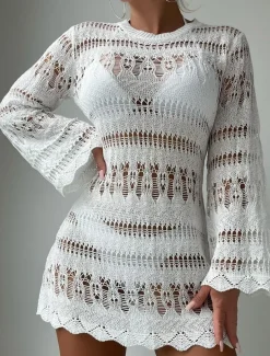 Women's Swimsuits Cover Up Swim Dress Swimsuit Cut Out Vacation Beach Wear Solid Color Round Neck Long Sleeve Bathing Suits