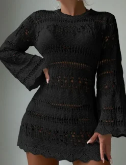 Women's Swimsuits Cover Up Swim Dress Swimsuit Cut Out Vacation Beach Wear Solid Color Round Neck Long Sleeve Bathing Suits