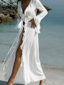 Women's Swimsuits Cover Up Swim Dress Swimsuit Ruffle Vacation Beach Wear Solid Color V Neck Long Sleeve Bathing Suits