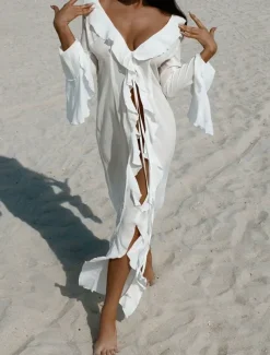 Women's Swimsuits Cover Up Swim Dress Swimsuit Ruffle Vacation Beach Wear Solid Color V Neck Long Sleeve Bathing Suits