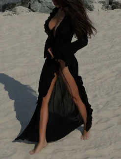 Women's Swimsuits Cover Up Swim Dress Swimsuit Ruffle Vacation Beach Wear Solid Color V Neck Long Sleeve Bathing Suits