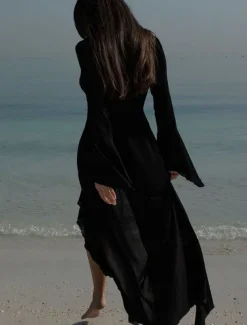 Women's Swimsuits Cover Up Swim Dress Swimsuit Ruffle Vacation Beach Wear Solid Color V Neck Long Sleeve Bathing Suits