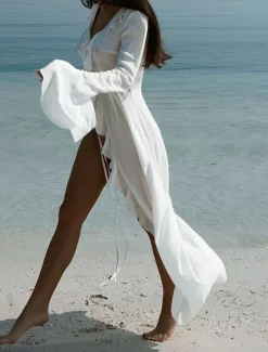 Women's Swimsuits Cover Up Swim Dress Swimsuit Ruffle Vacation Beach Wear Solid Color V Neck Long Sleeve Bathing Suits