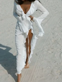 Women's Swimsuits Cover Up Swim Dress Swimsuit Ruffle Vacation Beach Wear Solid Color V Neck Long Sleeve Bathing Suits