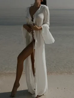 Women's Swimsuits Cover Up Swim Dress Swimsuit Ruffle Vacation Beach Wear Solid Color V Neck Long Sleeve Bathing Suits