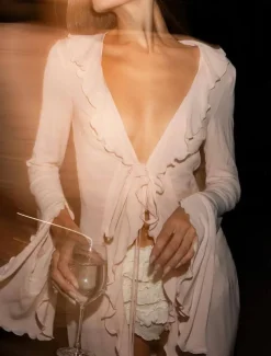 Women's Swimsuits Cover Up Swim Dress Swimsuit Ruffle Vacation Beach Wear Solid Color V Neck Long Sleeve Bathing Suits