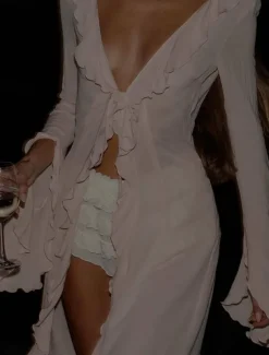 Women's Swimsuits Cover Up Swim Dress Swimsuit Ruffle Vacation Beach Wear Solid Color V Neck Long Sleeve Bathing Suits