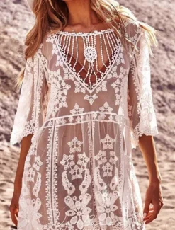 Women's Swimsuits Cover Up Swim Dress Swimsuit Lace Patchwork Vacation Beach Wear Solid Color V Neck Long Sleeve Bathing Suits